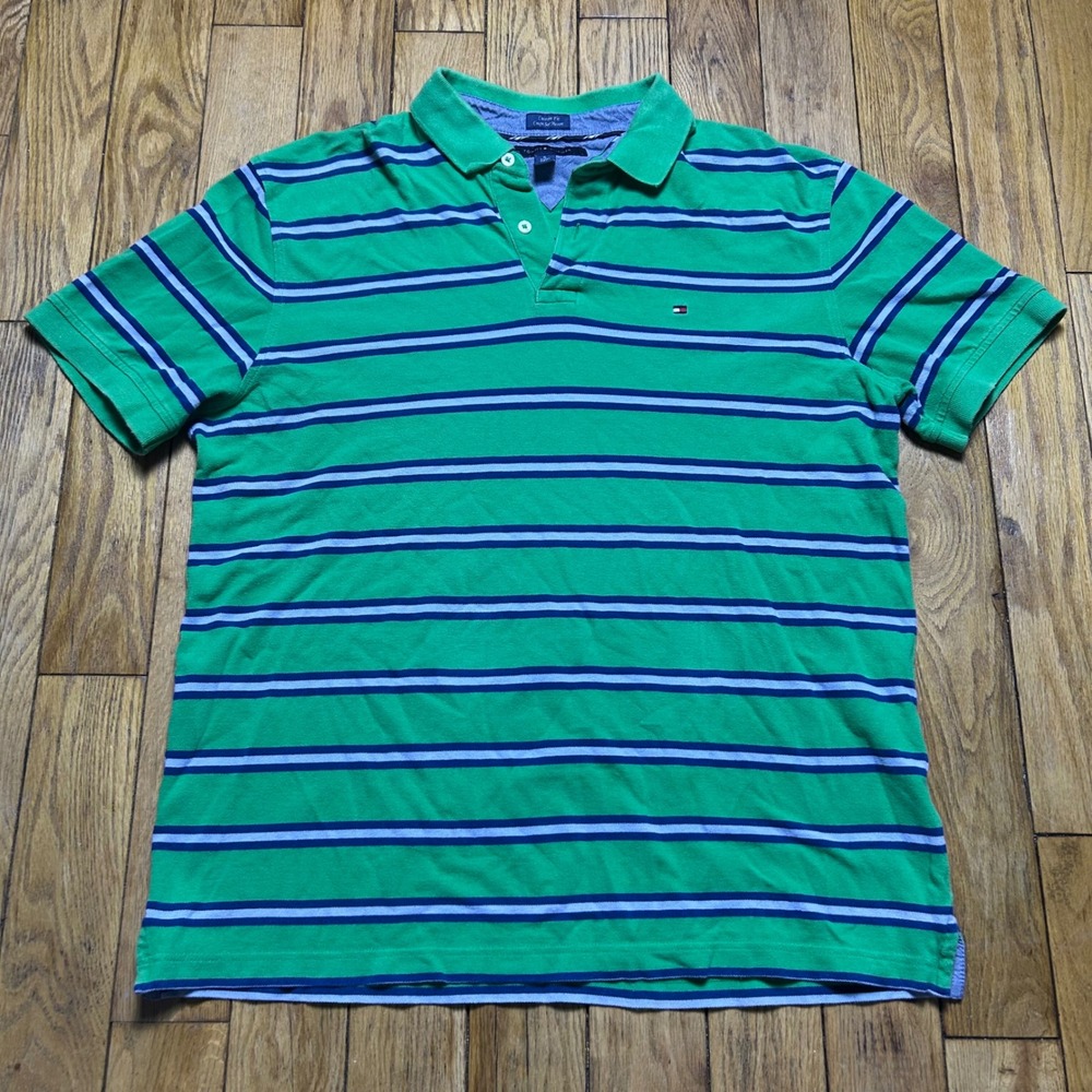 Tommy Hilfiger Mens XL Green Striped Custom Fit Short Sleeve Cotton Polo Shirt